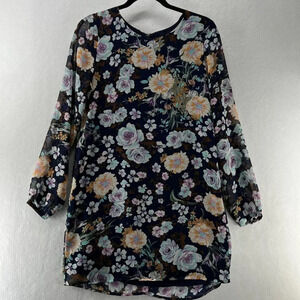 Lucca Couture Dress Womens Sz Small Floral Shift Back Zip Long Sleeve Blue